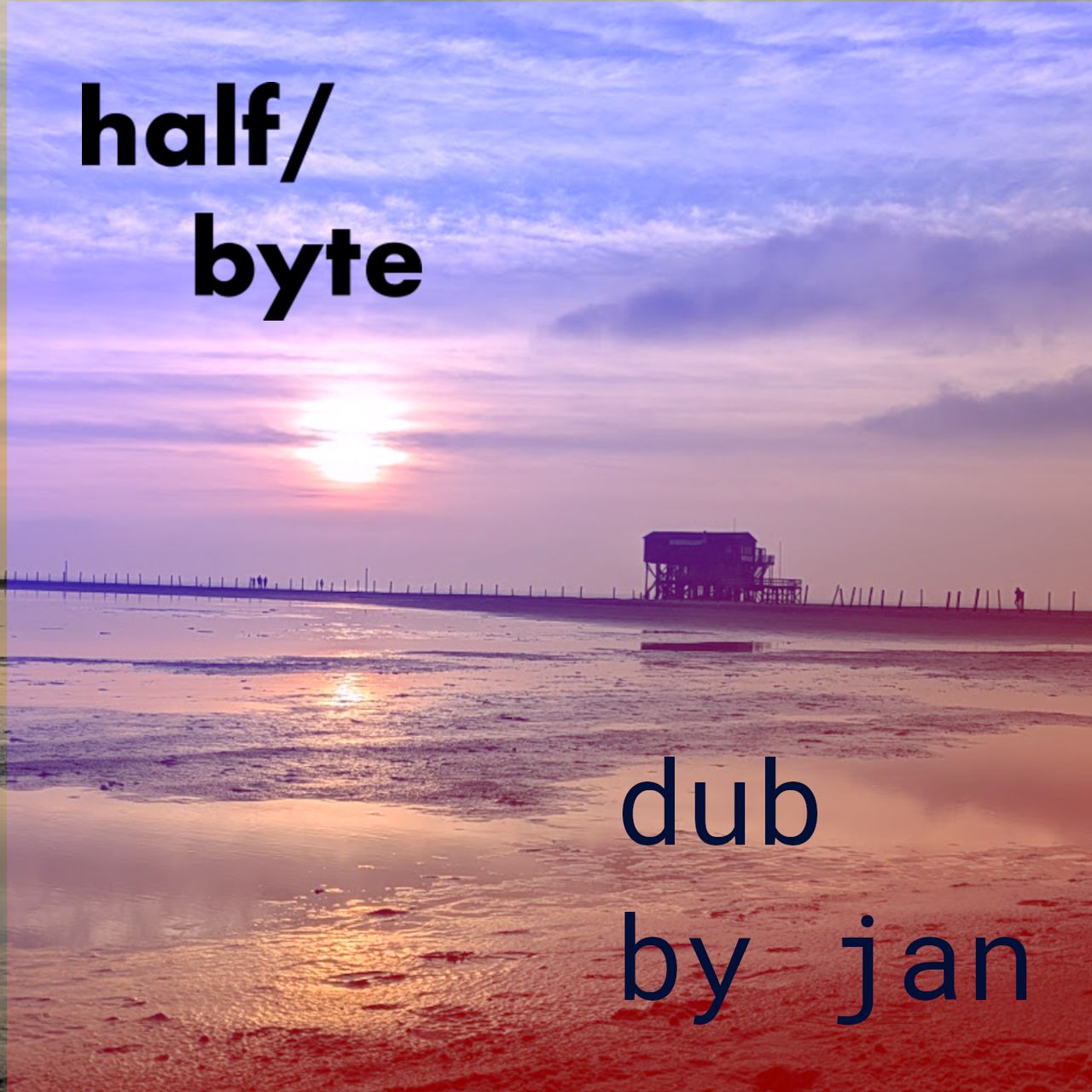 A slightly discolored (blue to red gradient from top to bottom) photo of the beaches of "St. Peter-Ording" with one of the famous stilt houses in the background. The sun reflects in the water on the beach