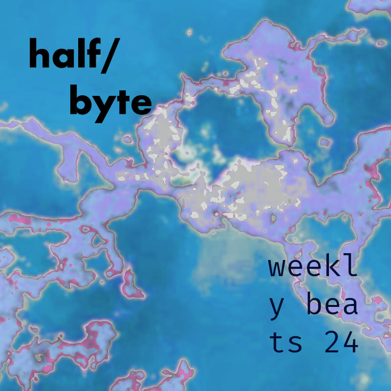 Abstract artwork akin to tie-dye in turquoise and pink with the artist title "half/byte" and the release title "weekly beats 2024" written on it